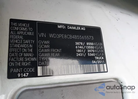 2011 Mercedes-Benz Sprinter 2500 High Roof из США, поврежденный, VIN WD3PE8CB4B5565573